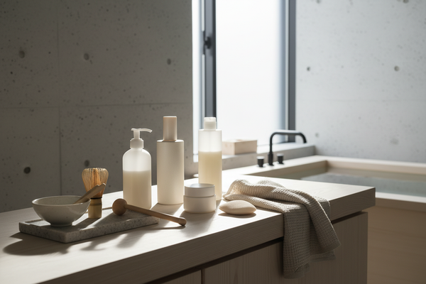 Minimalist Japanese bathroom scene with neutral skincare bottles, a ceramic bowl, wooden tools, and a towel arranged on a countertop