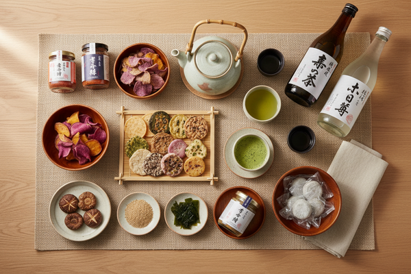 Assorted Japanese snacks, tea set, and sake bottles arranged on a wooden table