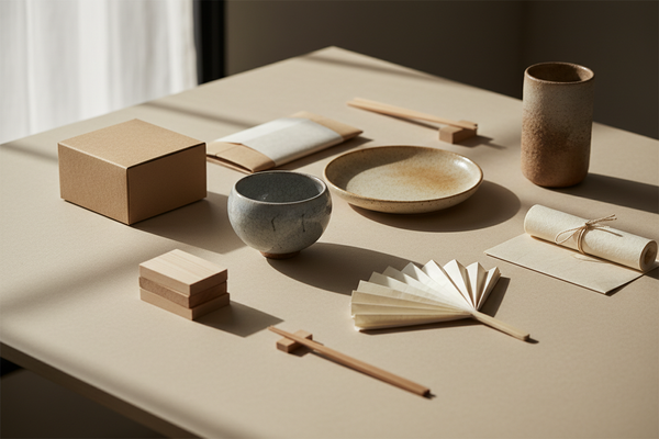 Ceramic bowls, packaging boxes, folded paper fan, and wooden utensils arranged on a neutral table in soft light
