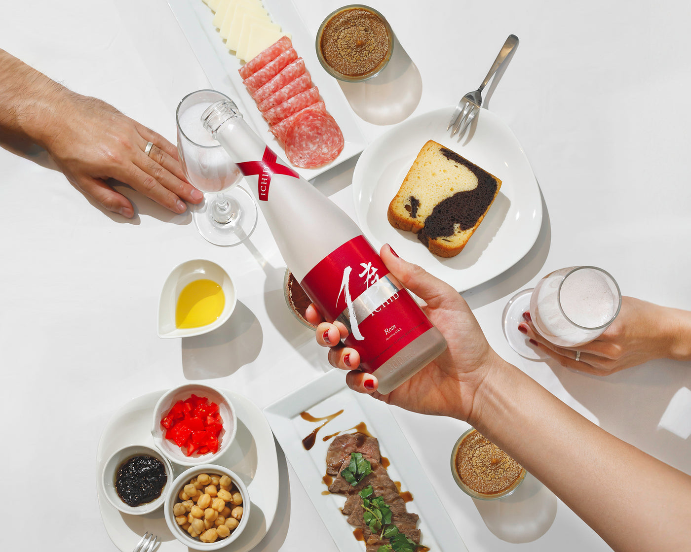 ICHIDŌ Sparkling ROSÉ shared over antipasti and dessert — official brand photography