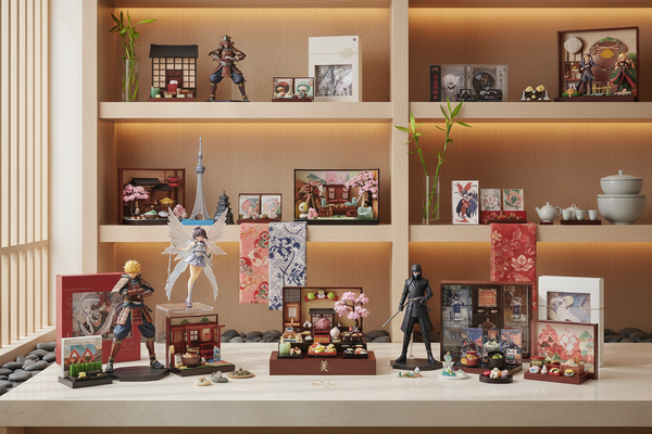 Japanese anime character figures and miniature diorama display sets arranged on wooden shelves with warm lighting