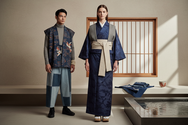 Man and woman wearing modern interpretations of traditional Japanese garments standing in a minimalist interior with a wooden window and indoor water feature