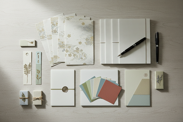 Japanese stationery set including notebooks, envelopes, decorative paper, bookmarks, and a fountain pen arranged on a light wooden table