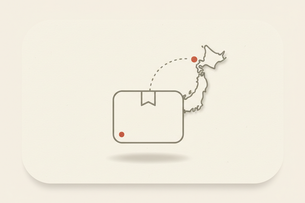 Illustration of a package shipping from Japan with a dotted route line on a map
