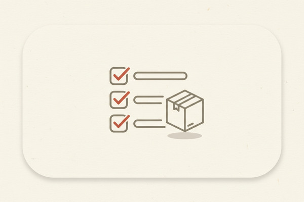 Illustration of a checklist and shipping box representing ATJ’s simple onboarding and export setup process
