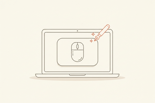 Illustration of a laptop screen with a pen tool representing ATJ building and optimizing product listings for global buyers